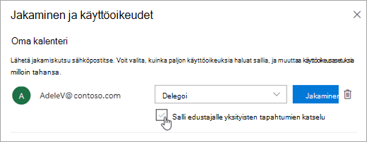 Näyttökuva Salli edustajan tarkastella yksityisiä tapahtumia -valintaruudusta