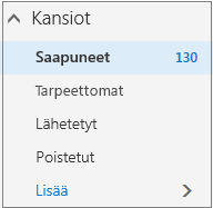 Näyttökuva oletussähköpostikansioista Suosikit-kohdassa.