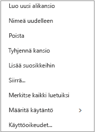 Konteksti tai pikanäppäin sekä valikko, joka tulee näkyviin, kun napsautat henkilökohtaista kansiota hiiren kakkospainikkeella