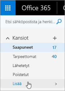 Näyttökuva kohdistimesta Lisää-painikkeen kohdalla Outlookin verkkoversion siirtymisruudussa.