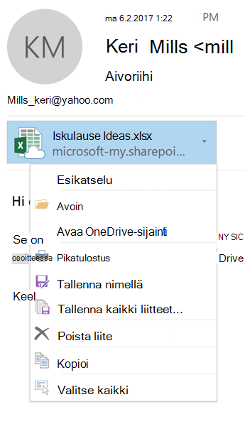 Liitevalikon avaaminen liitekuvakkeen oikealla puolella olevasta avattavasta nuolesta