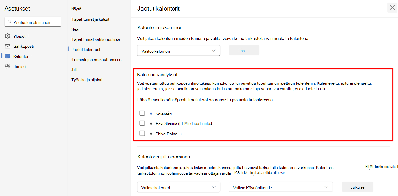 Näyttökuva, jossa käyttäjät valitsevat kalenteri-ilmoitukset