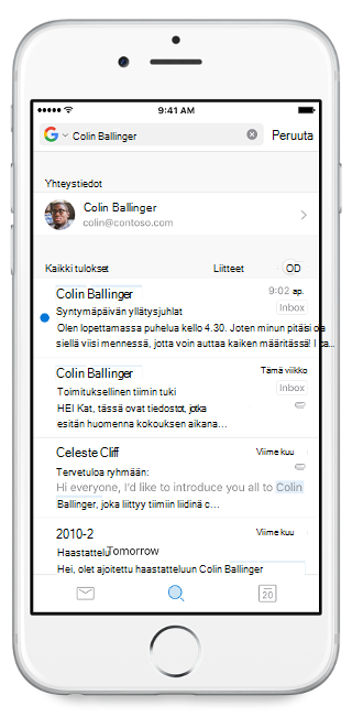 Näyttää mobiilinäytön, jonka yläreunassa on hakupalkki ja siihen kirjoitettu nimi. Hakutulokset ovat hakupalkin alapuolella.