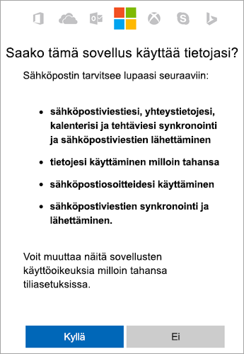 Hyväksy käyttöoikeudet valitsemalla Kyllä