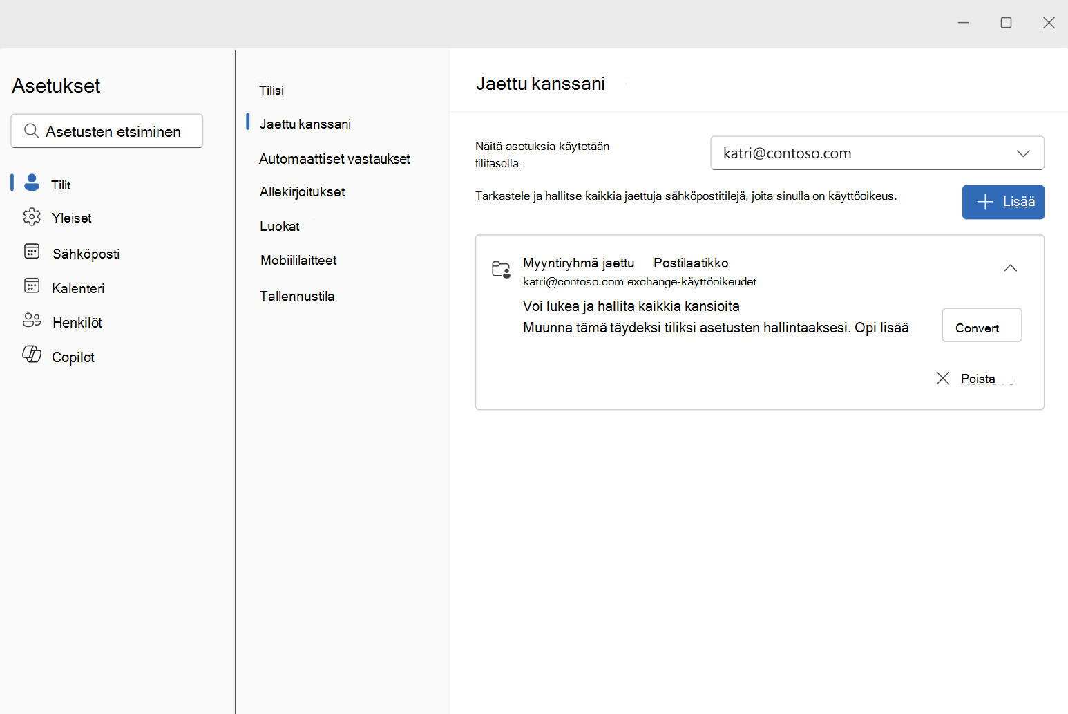 Laajennettu jaettu postilaatikko muunna-painikkeella