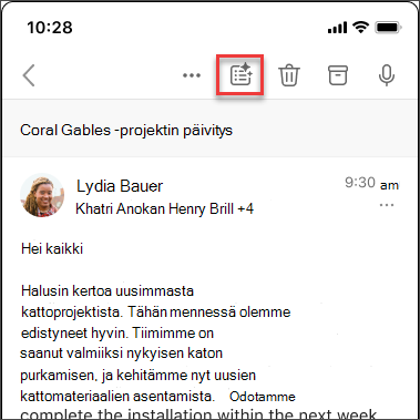 Copilot-yhteenvetokuvake, jonka avulla voit tehdä yhteenvedon sähköpostiketjusta iOS:ssä ja Androidissa.
