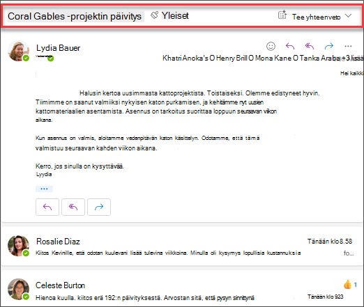Saat Copilotin sähköpostiketjuyhteenvedon valitsemalla Luo yhteenveto.