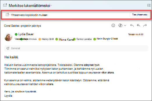 Luo yhteenveto sähköpostiketjusta valitsemalla Luo yhteenveto Copilotilla.