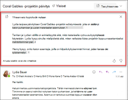 Yhteenveto sähköpostiketjusta, jossa on Copilotin luomia lainauksia.