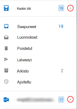Näyttää Outlook-kansiot. Avattavan luettelon nuolet on ympyröity näytön oikeassa reunassa.
