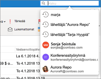 Viestiluettelo taustalla ja hakukenttä etualalla