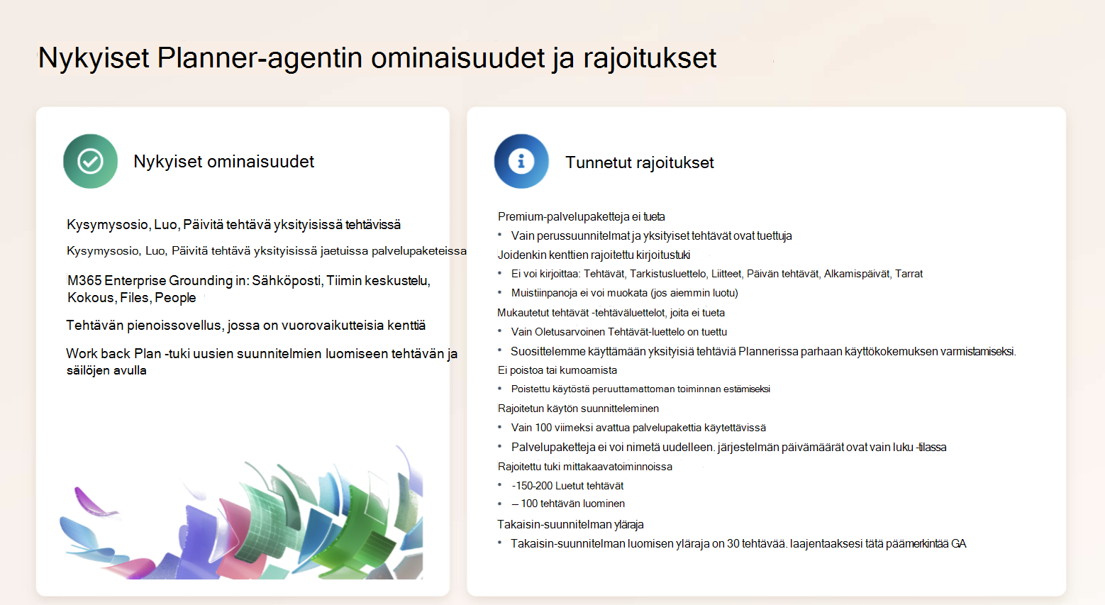 Kaavio nykyisistä planner-ominaisuuksista ja rajoituksista.
