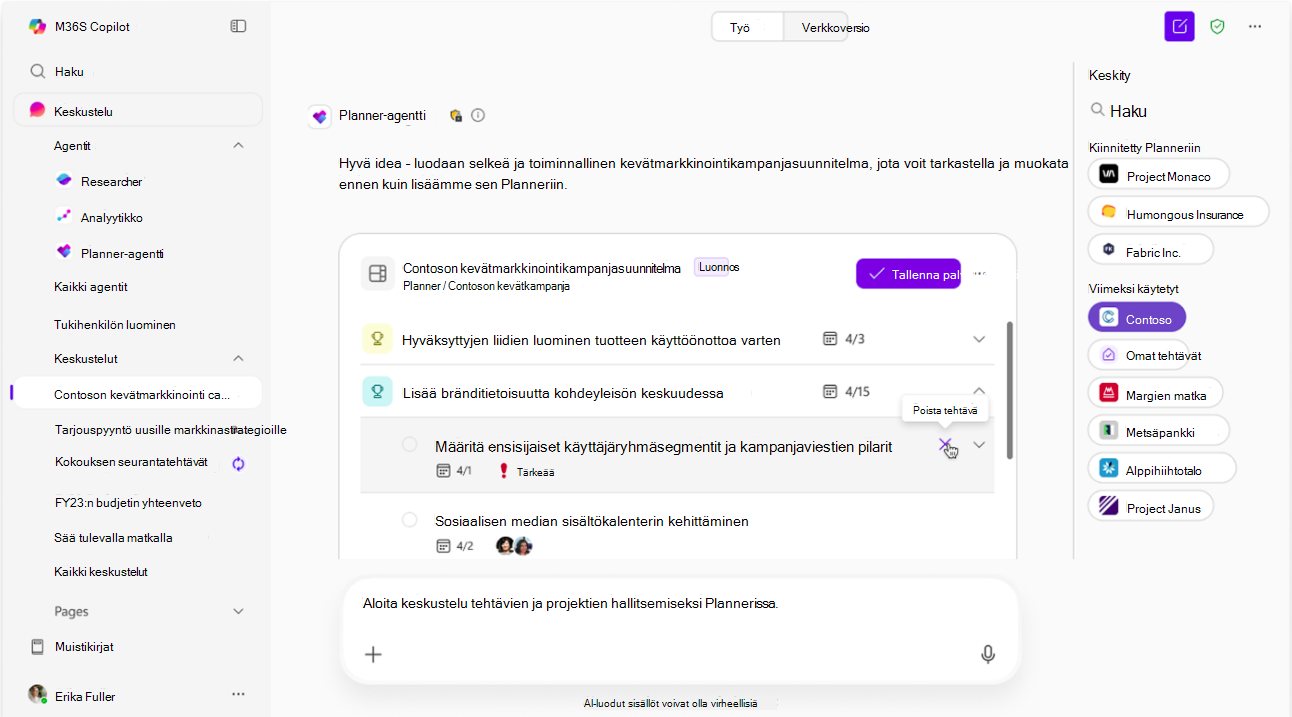 Näyttökuva, jossa planner-agentti muokkaa tekoälyehdotusta luonnostilassa.