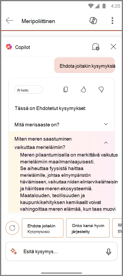 Näyttökuva Androidin PowerPointin Copilotista, jossa on Ehdota Q-&Muodossa -kehotteen tulokset
