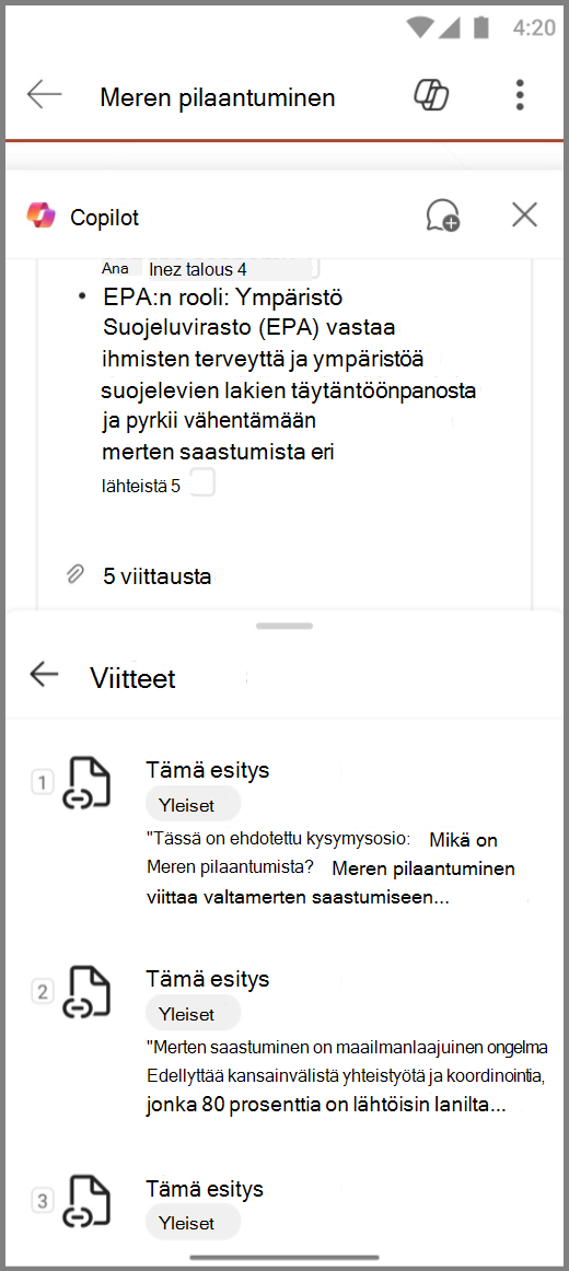 Näyttökuva Copilotista PowerPointissa Android-laitteessa, jossa on Tee yhteenveto tästä diaesityksestä -vastaus ja viittauksia