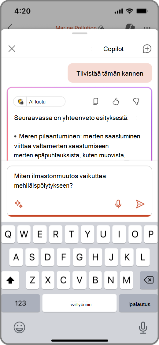 Näyttökuva Copilotista PowerPointissa iOS-laitteessa ja kehote kirjoitusruudussa