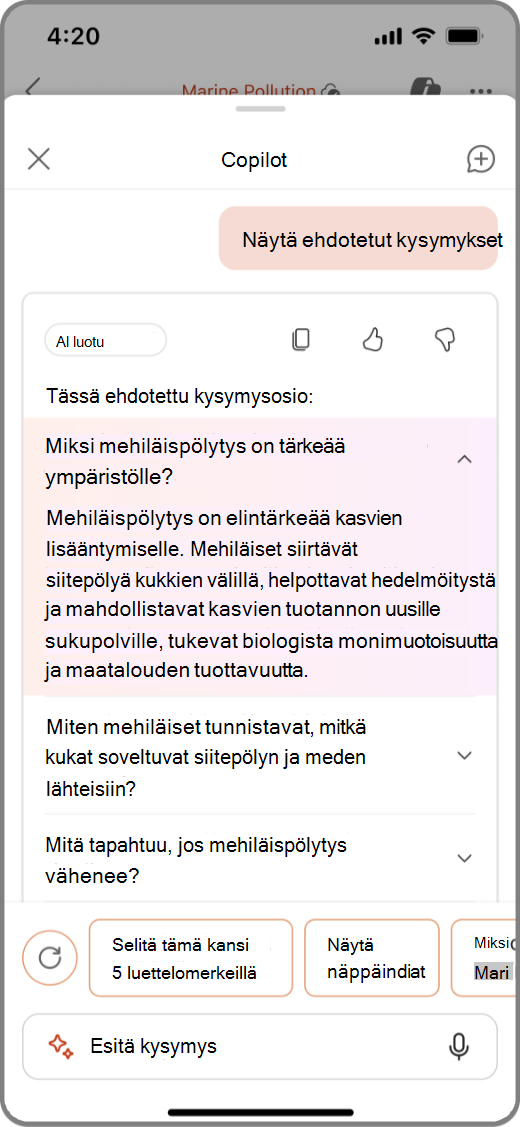 Näyttökuva Copilotista PowerPointissa iOS-laitteessa, jossa on ehdotettu Q&As