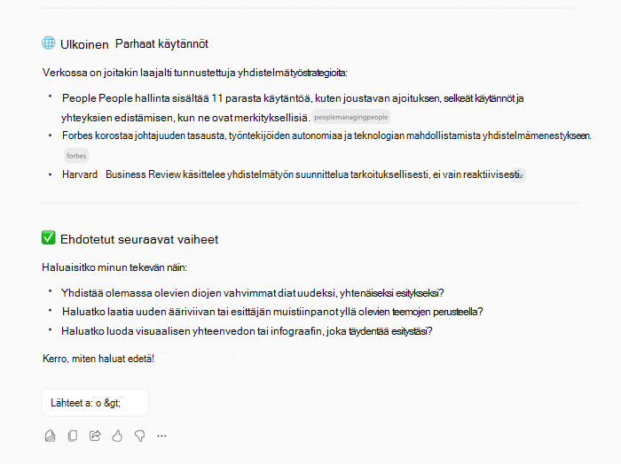 Näyttökuva Copilotsin vastauksesta esityksen luomiseen, jossa näkyy tietoja pyydetystä aiheesta ja seurantakysymyksistä.