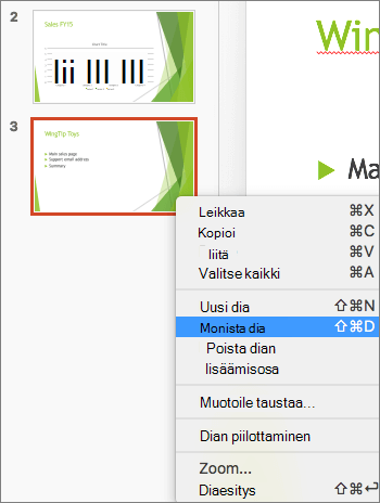 Näyttökuvassa näkyy valittu dia ja Monista dia -asetus valittuna hiiren kakkospainikkeella avautuvassa valikossa.