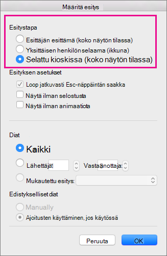 Esitystavan asetukset