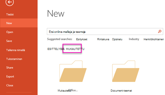 Valitse Uusi tiedosto -sivulla Mukautettu, jos haluat käyttää luomaasi mallia.