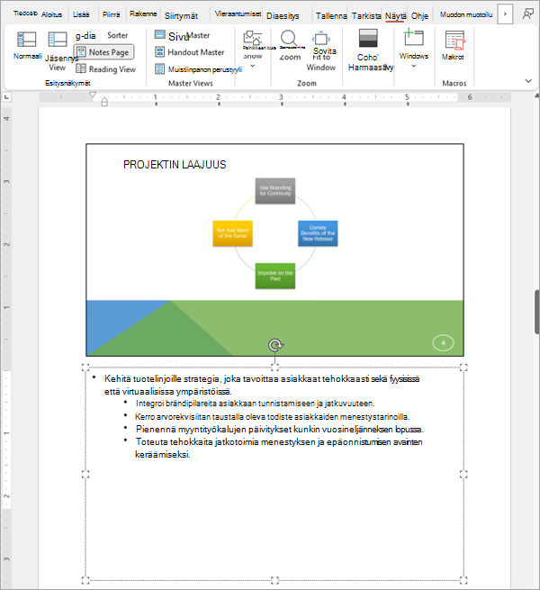 Näyttökuva, jossa näkyy yksi dia PowerPoint-diaesityksessä ja siihen liittyvät muistiinpanot.