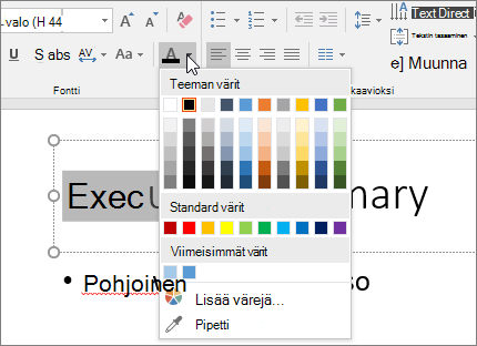 Fontin väri -asetuksilla voit muuttaa tekstin värin