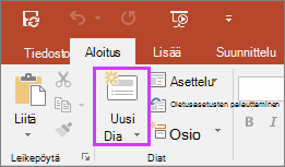 PowerPointin valintanauhan Aloitus-välilehdessä oleva Uusi dia -painike