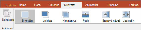 Siirtymät-välilehti PowerPointin valintanauhassa.