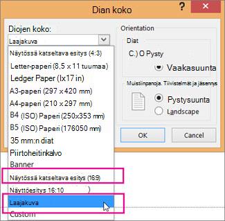 Laajakuva tai Näytössä katseltava esitys (16:9)