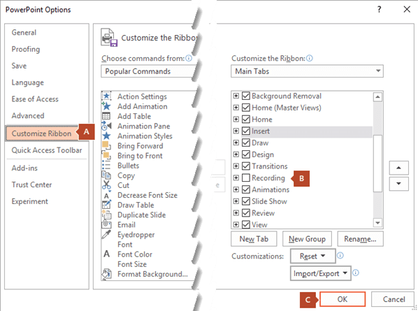 PowerPoint 2016:n Asetukset-valintaikkunan Muokkaa valintanauhaa -välilehdessä PowerPointin valintanauhaan voi lisätä Tallennus-välilehden.