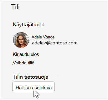 Tili-valintaikkuna, jossa hallitse asetuksia -painike on liitetty.