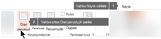 Käytä Näytä-välilehteä Powerpointissa vaihtaaksesi dian perusnäkymään
