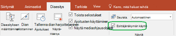PowerPointin diaesitys sisältää valintaruudun, jolla voi määrätä, käytetäänkö esittäjänäkymää, kun esitystä näytetään muille.