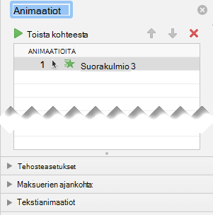 Animaatioruudussa on tehosteasetuksia, ajoitusasetuksia ja tekstitehosteasetuksia