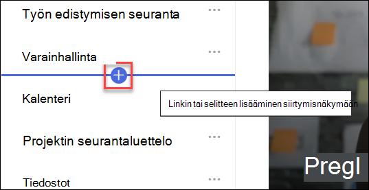 näyttökuva Lisää uusi linkki siirtymispalkkiin