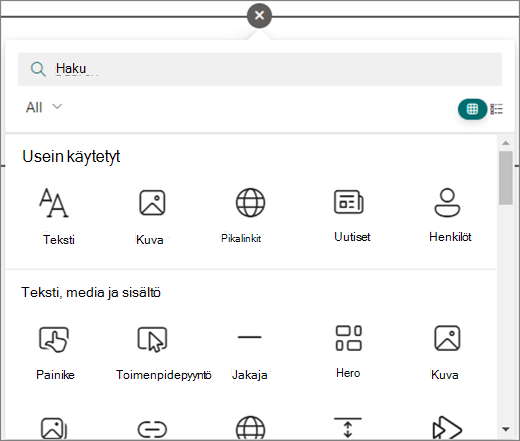 Valitse muokattavan SharePoint-sivun ympyrä, jotta näet käytettävissä olevat verkko-osat.