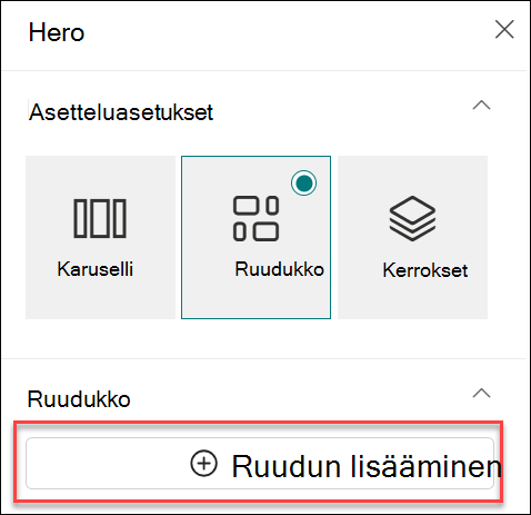 näyttökuva Hero-verkko-osan ruudun lisäämisestä
