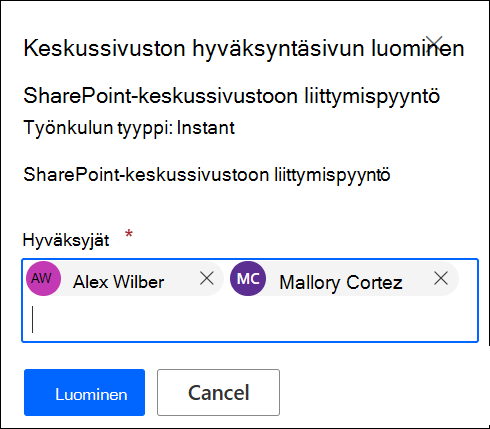 näyttökuva hyväksyjien lisäämisestä