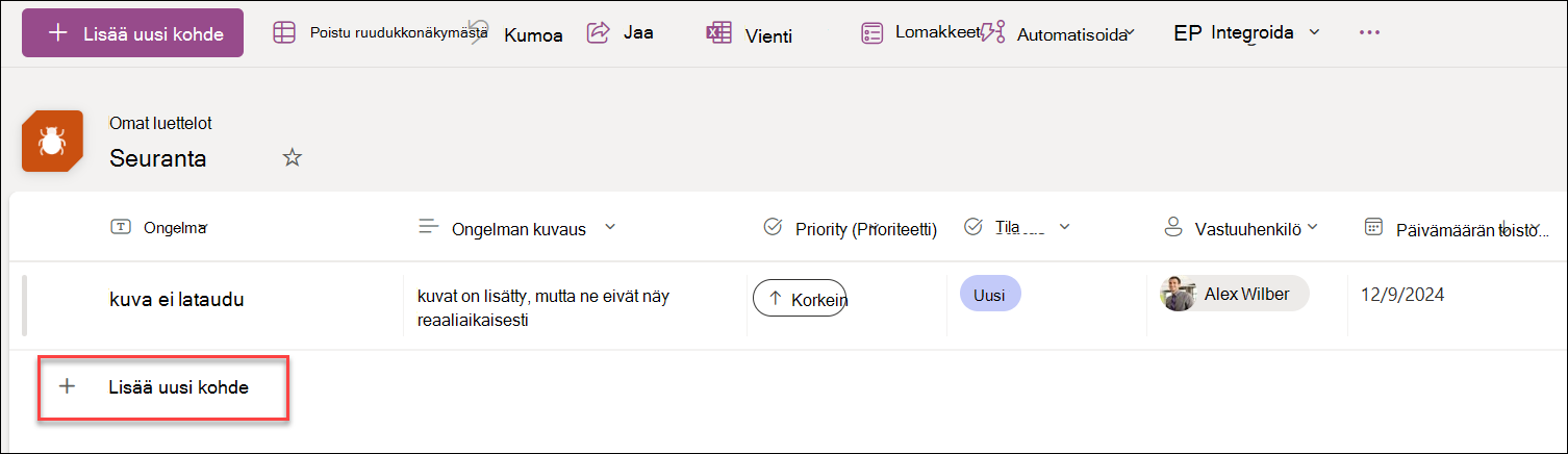 näyttökuva uuden lisäämisestä ruudukkonäkymässä