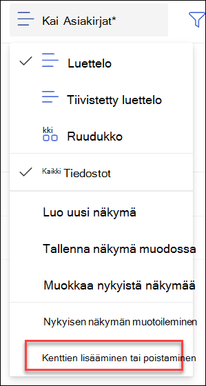 näyttökuva Lisää poista kenttiä -ruudusta