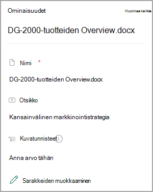 Näyttökuva, jossa näkyy SharePoint-kirjastossa olevan tiedoston ominaisuudet.