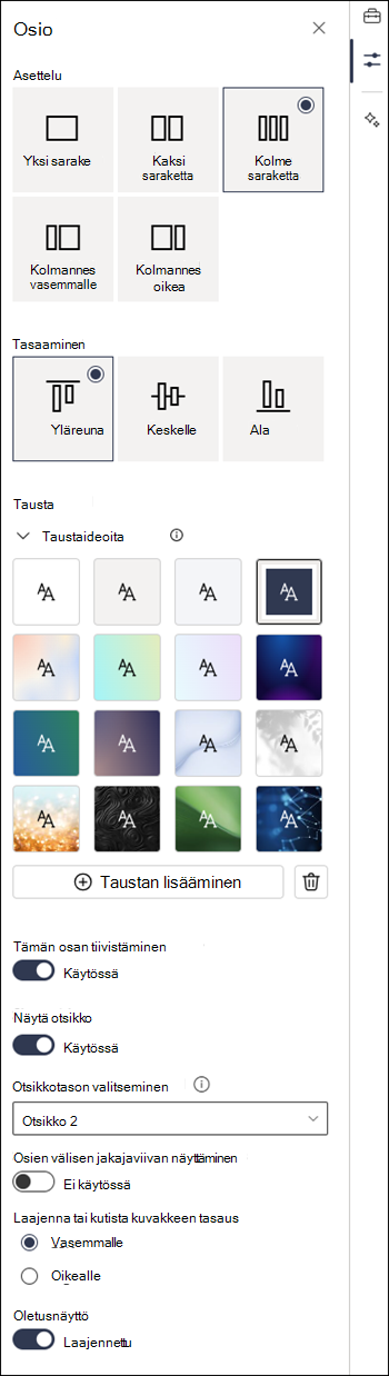 Osan ominaisuudet -ruutu, jossa tiivistettävät asetukset ovat käytössä