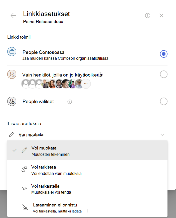 Näyttökuva kopiointilinkkiasetuksista