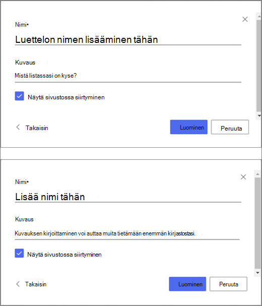 Kuvan yläosassa on ikkuna, jossa voi lisätä tietoja tyhjään luetteloon, ja kuvan alaosa on tiedostokirjaston luontiikkuna.