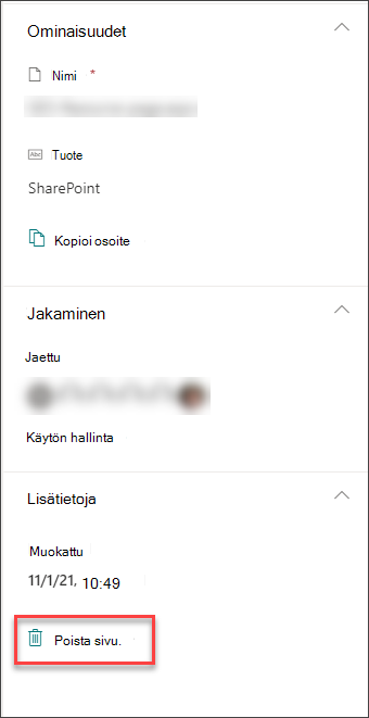 Näyttökuva Sivun tiedot -ruudun Poista sivu -asetuksesta
