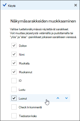 Tiedostokirjaston sarakkeiden järjestäminen
