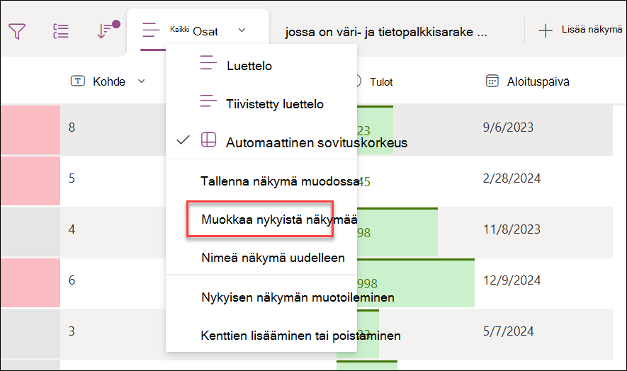 Näyttökuva nykyisen näkymän muokkaamisen valitsemisesta