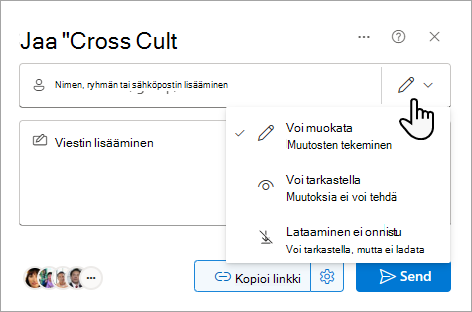 Jaa-valintaikkuna, jossa näkyvät jaetun tiedoston asetukset.