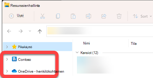 Resurssienhallinta vasemmassa reunassa olevassa siirtymisruudussa on ylimmän tason kansioita synkronoidulle SharePoint-kirjastolle ja synkronoidulle OneDrivelle.